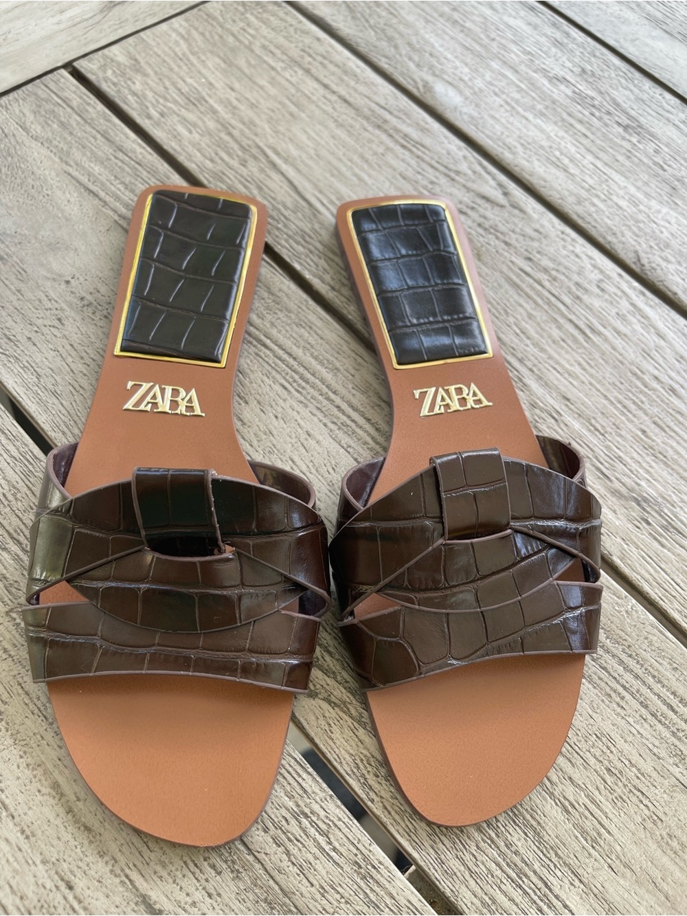 Zara Brown Croc-Effect Slide Sandals Womens Size Small 10 US 40 EU - Picture 1 of 7
